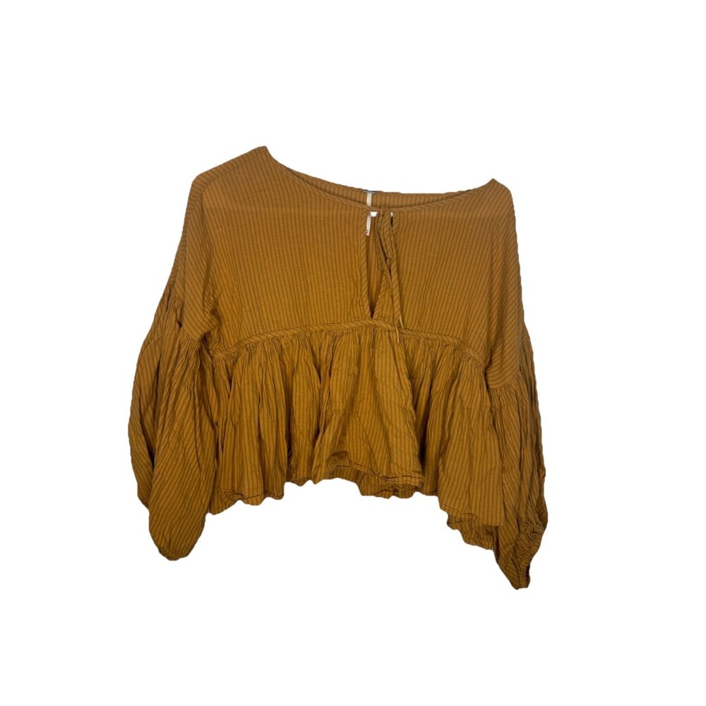 Free People Blouse Womens XSmall Gold Boho Beaumont Mews Puff Sleeve